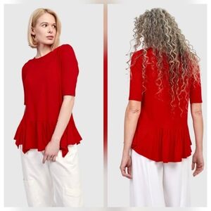 Alembika Addison Flouncy Peplum Tee Top Red Elbow Sleeve Stretch Size 3 US 10/12